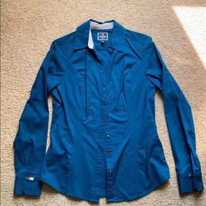 Express Turquoise Fitted Button Down Blouse